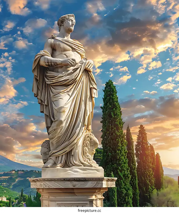 Ancient Roman Statue of a Man in a Draped Robe with a Dramatic Sky Background