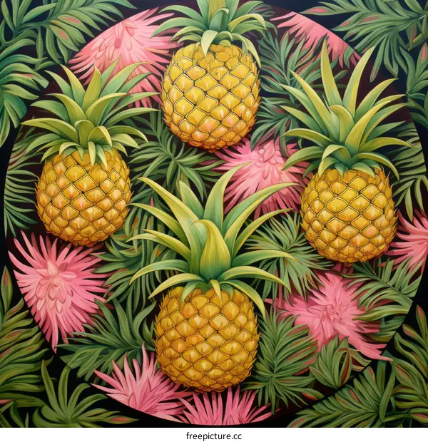 Four pineapples with pink flowers on a dark background