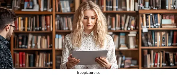 Woman Reading on a Tablet in Library