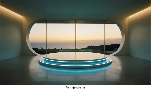 Modern Interior Space with Large Curved Window Overlooking Scenic Sunset