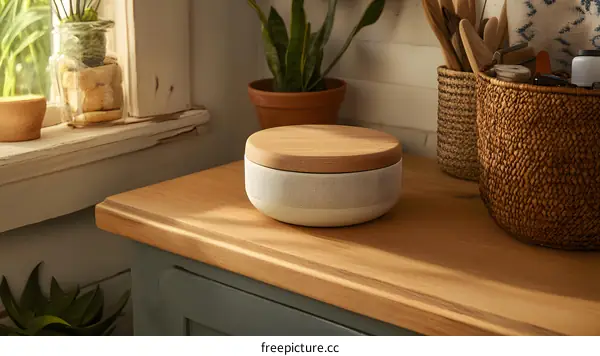 White Ceramic Storage Jar with Bamboo Lid on Wooden Counter
