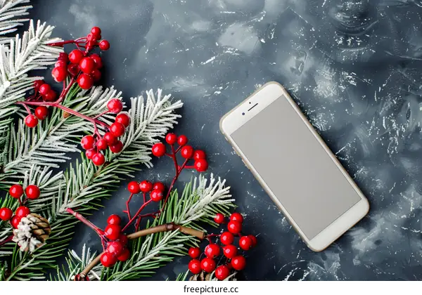 Christmas Holiday Background With Pine Branch And Red Berries