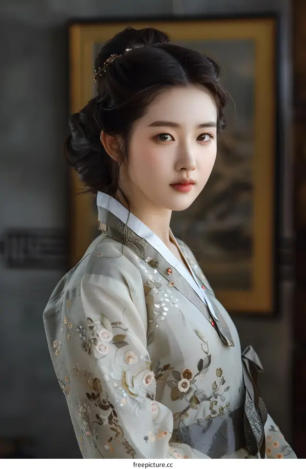 Elegant Woman Wearing Traditional Korean Hanbok Dress