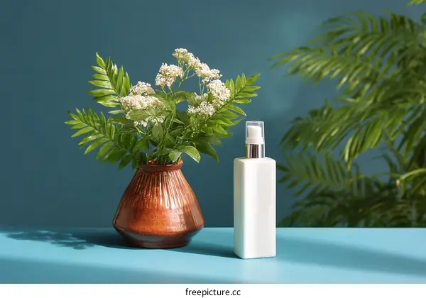 Elegant Vase with Flowers and Skincare Product