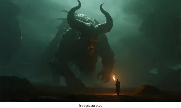 A lone figure facing a massive horned monster in a dark misty landscape
