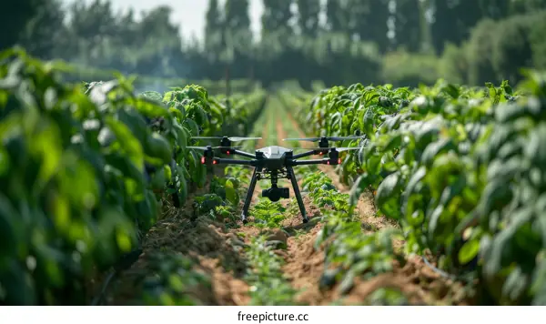 A drone is flying over a field of crops.