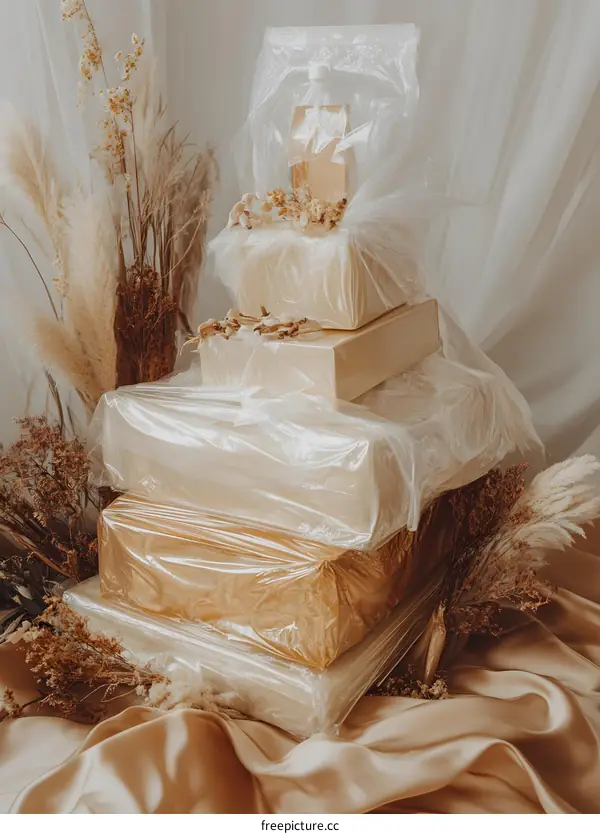 Stack of Boxes Wrapped in Plastic on Satin Fabric