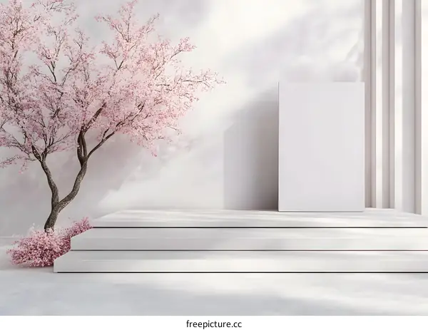 Minimalist White Background With Cherry Blossoms And Steps