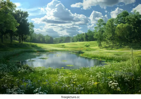 The Sun Shines Through the Clouds over a Tranquil Pond