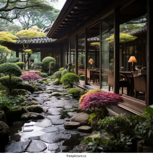 Japanese garden with a traditional house