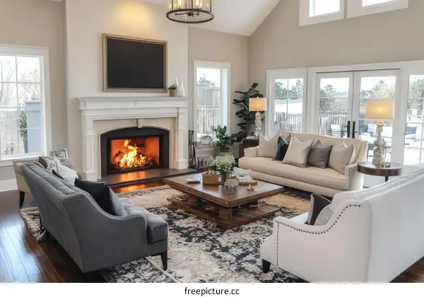 Modern Elegant Living Room with Fireplace and Large Windows