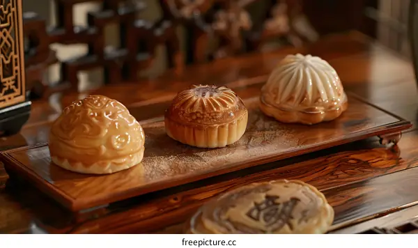 Traditional Chinese Moon Cakes on Wooden Tray
