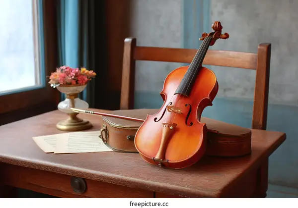 Vintage Violin on Wooden Desk with Flowers