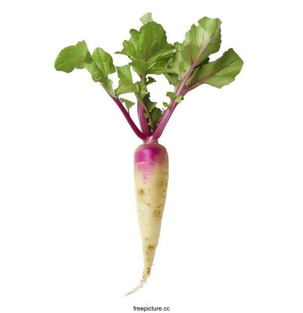 [Transparent Background PNG]Fresh Single Pink and White Turnip with Green Leaves