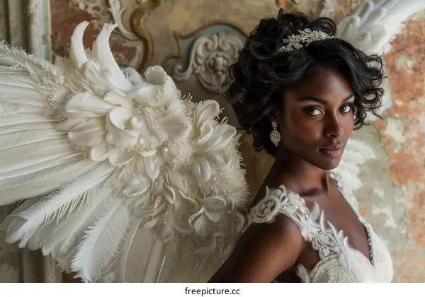 Black bride wearing a wedding dress with wings