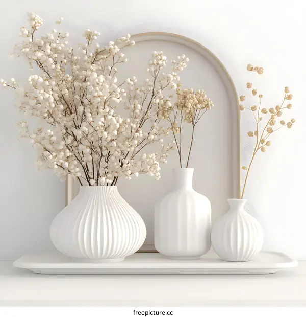 White Vases With Dried Flowers And Minimalist Decor