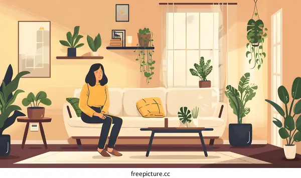 Woman Sitting on Sofa in Living Room with Plants
