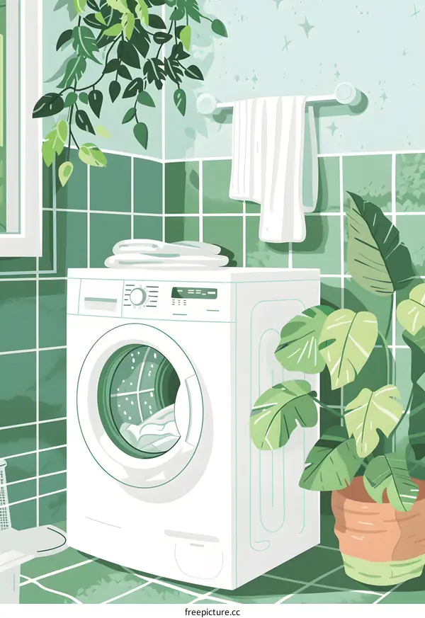 Green Bathroom with Washing Machine and Plants