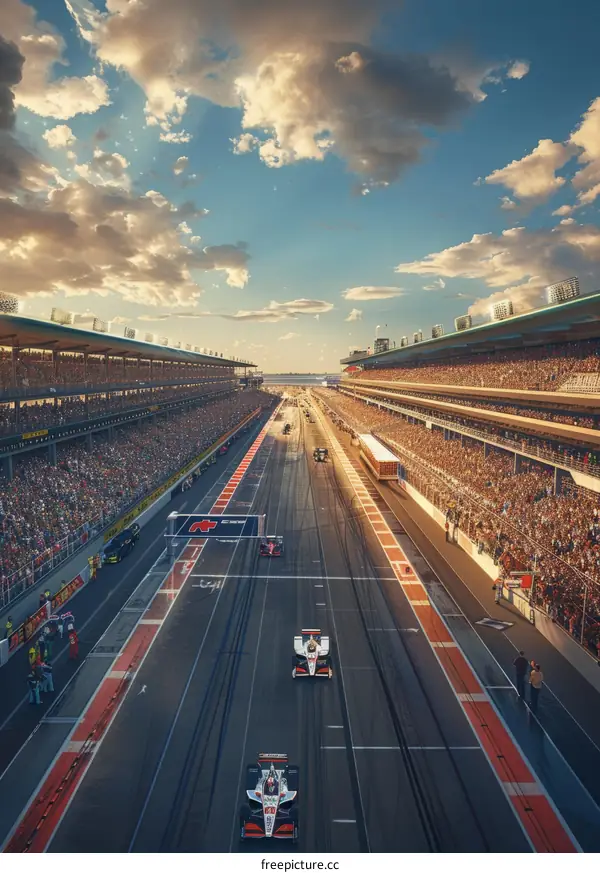 Formula One cars racing on a track with a crowd of spectators in the stands