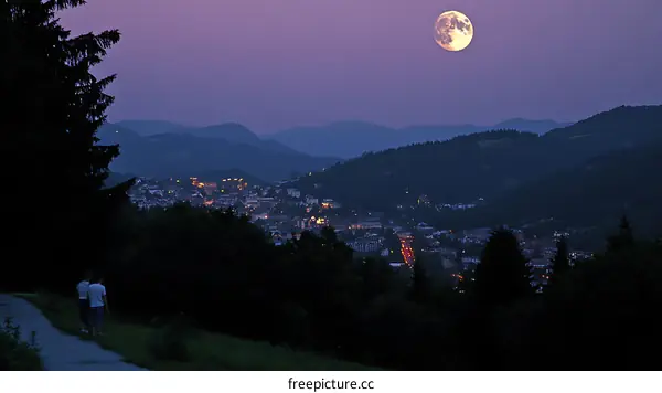Full Moon Over Mountain Town at Dusk with Two Hikers