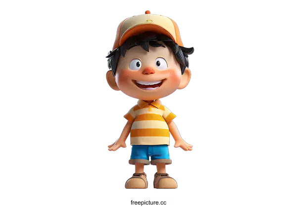 [Transparent Background PNG]Smiling Cartoon Boy Wearing Striped Shirt and Cap