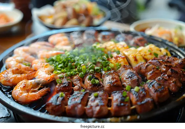 A variety of grilled meats and seafood on a hot plate