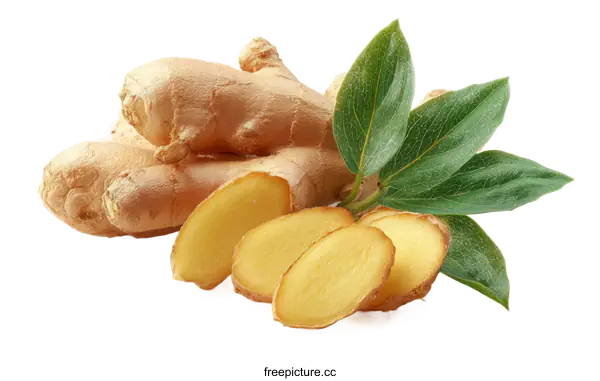 [Transparent Background PNG]Fresh Ginger Root with Leaves and Slices