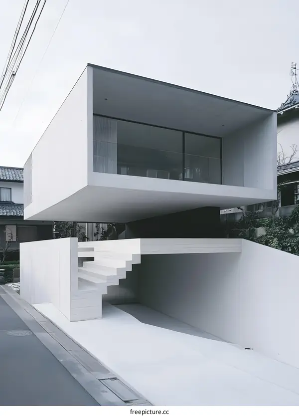Minimalist Modern House with Concrete Stairs and Open Balcony