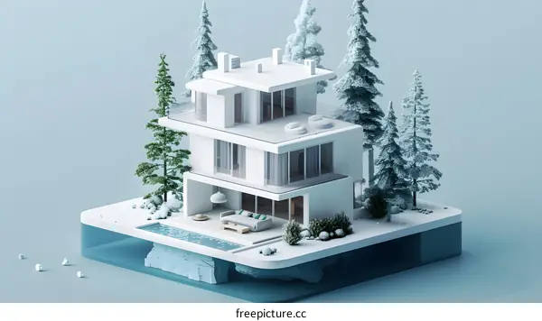Minimalist White House with a Pool and Trees in Winter