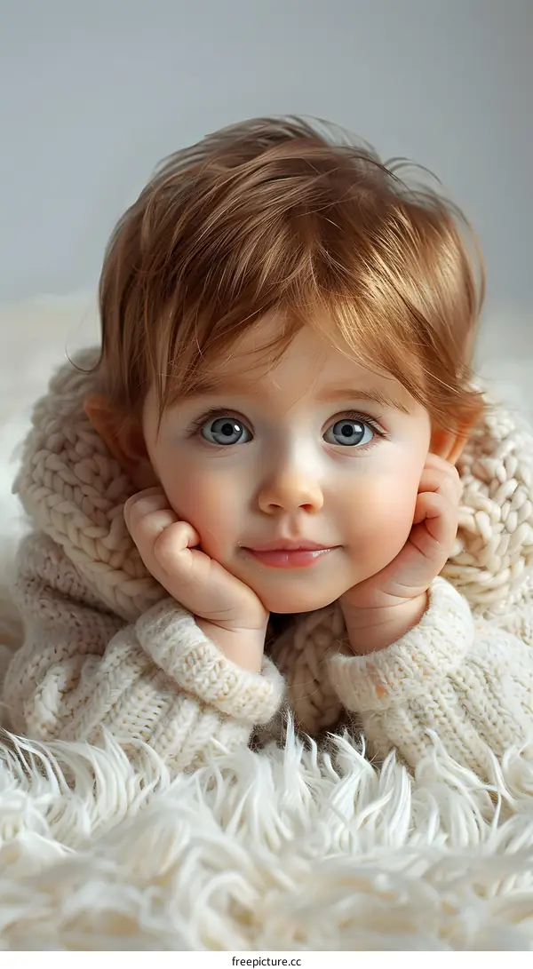 Portrait of a cute baby girl with blue eyes and red hair