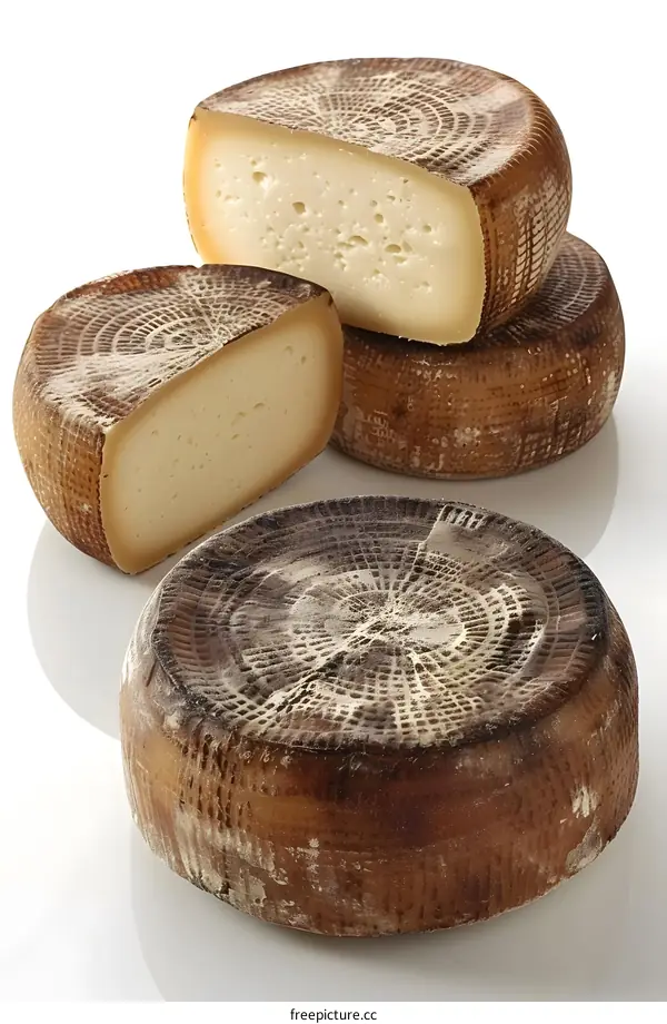 Wheels of hard cheese on white background