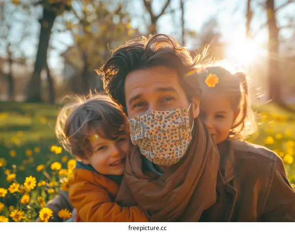 Happy family wearing protective face masks outdoors