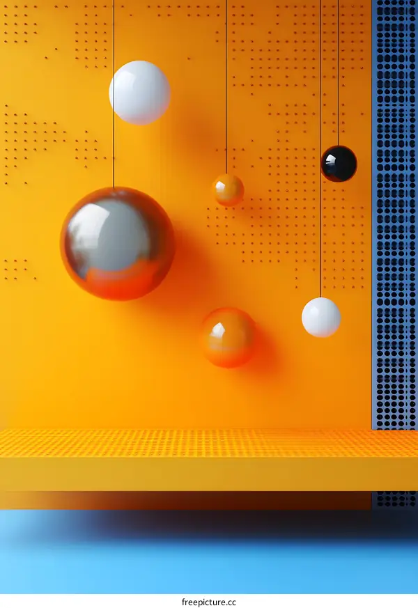 Abstract 3D Render with Yellow and Blue Background and Hanging Spheres