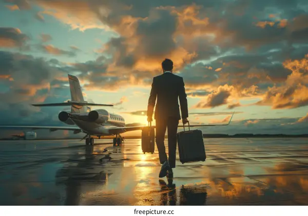 Businessman walking towards private jet at sunset