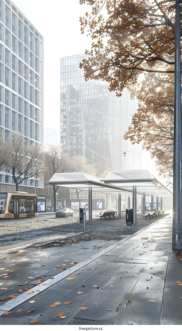 Tram Stop in the City During Autumn