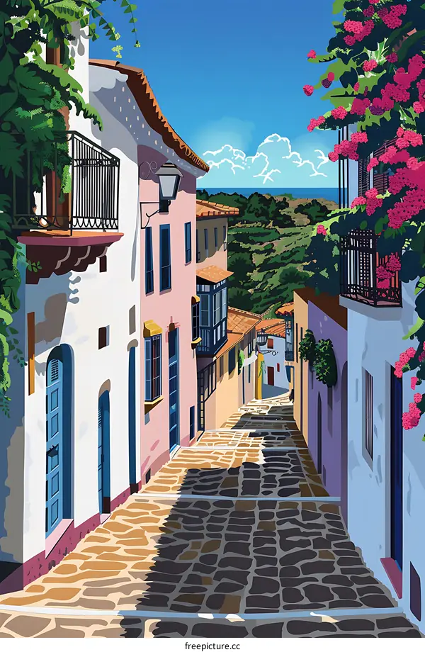 Colorful Mediterranean Street View with Cobblestone Road and Sea in the Background