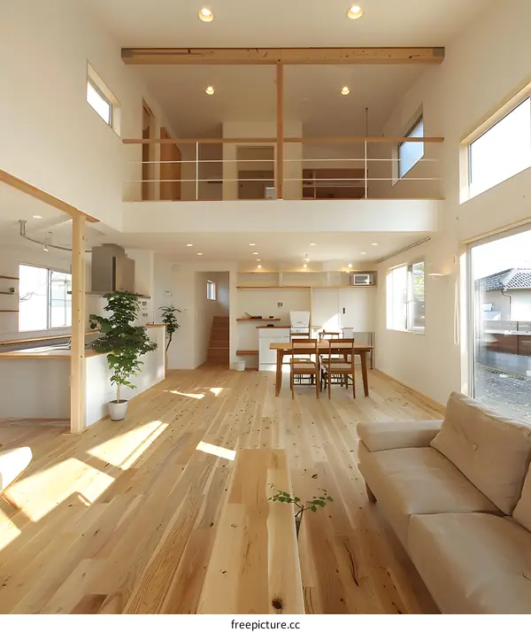 Modern Open Concept Living Room with Wooden Floors and High Ceiling