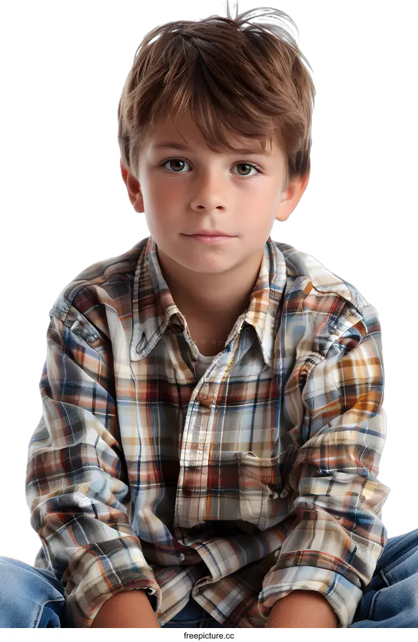 [Transparent Background PNG]Young Boy Sitting Wearing Plaid Shirt and Jeans