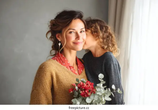 Mother and Daughter Kissing with Flowers