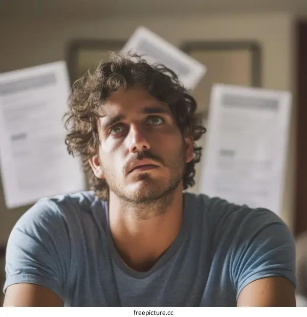 Young man looking up at papers in the air