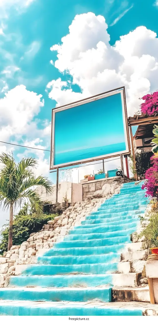 Blue Sky Steps with Palm Trees and Billboard