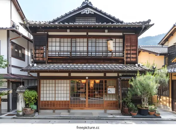 Traditional Japanese Architecture with Sliding Doors and Lanterns