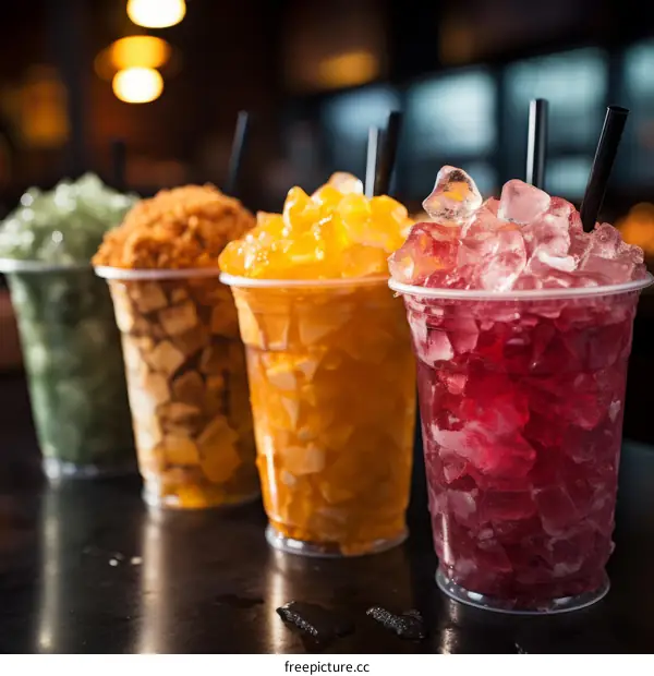 Four plastic cups of different colored beverages