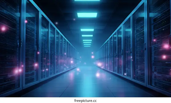 Futuristic Server Room Corridor with Neon Lighting