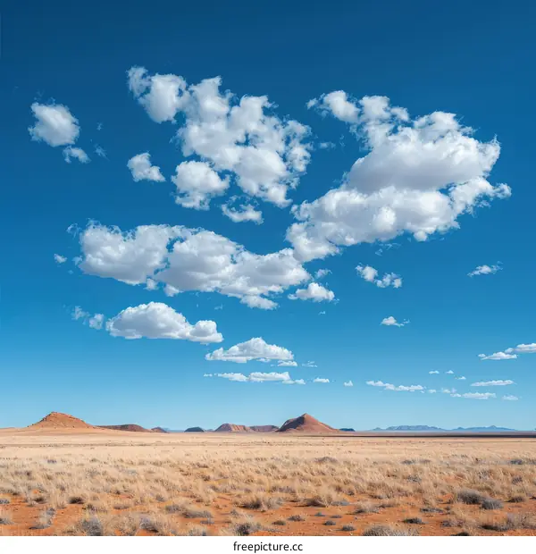 Large white clouds over a vast arid desert landscape