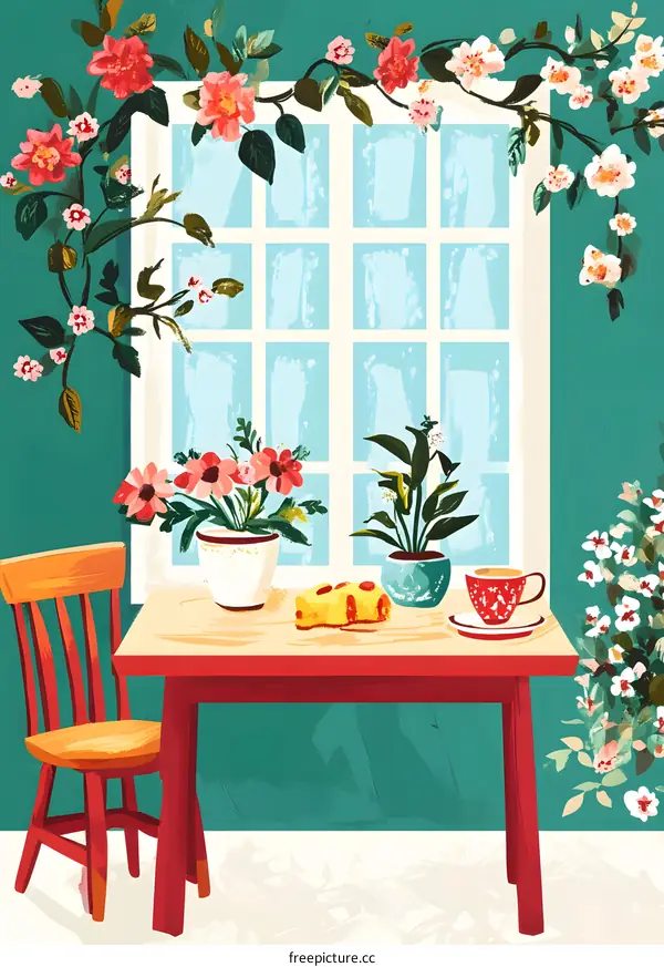 Green Wall With Window And Flowers