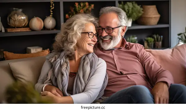 An elderly couple is sitting on the couch and smiling at each other.