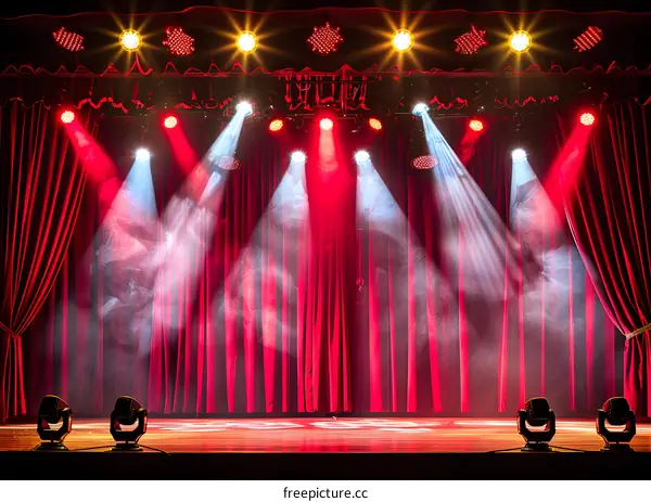 Red Stage Curtains with Spotlights and Smoke