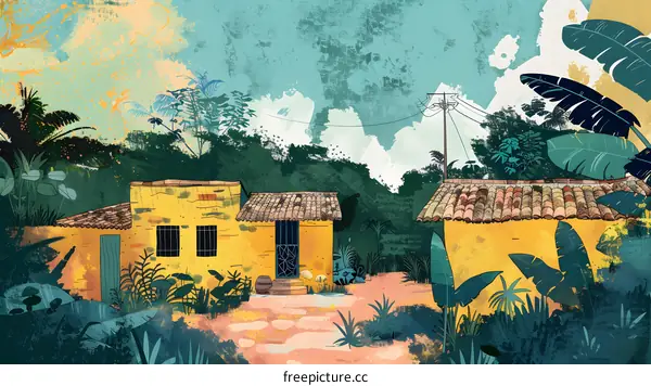Yellow Houses with Lush Greenery in a Tropical Landscape