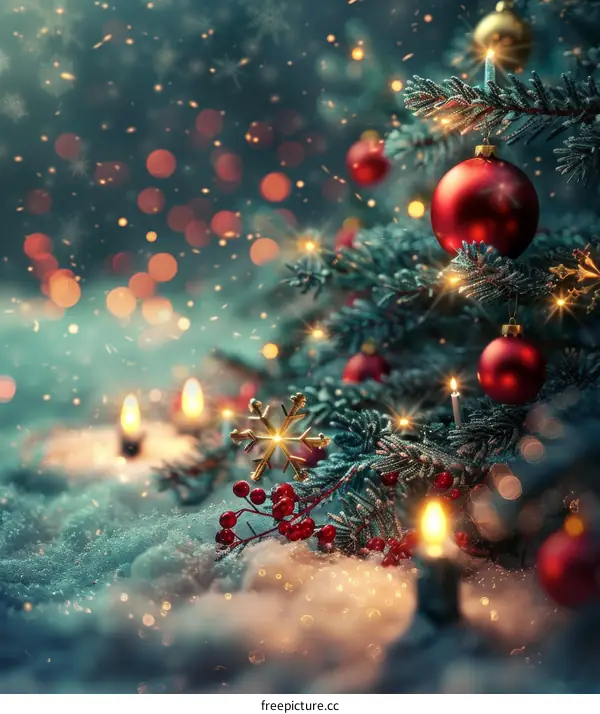 Christmas red balls and snowflakes